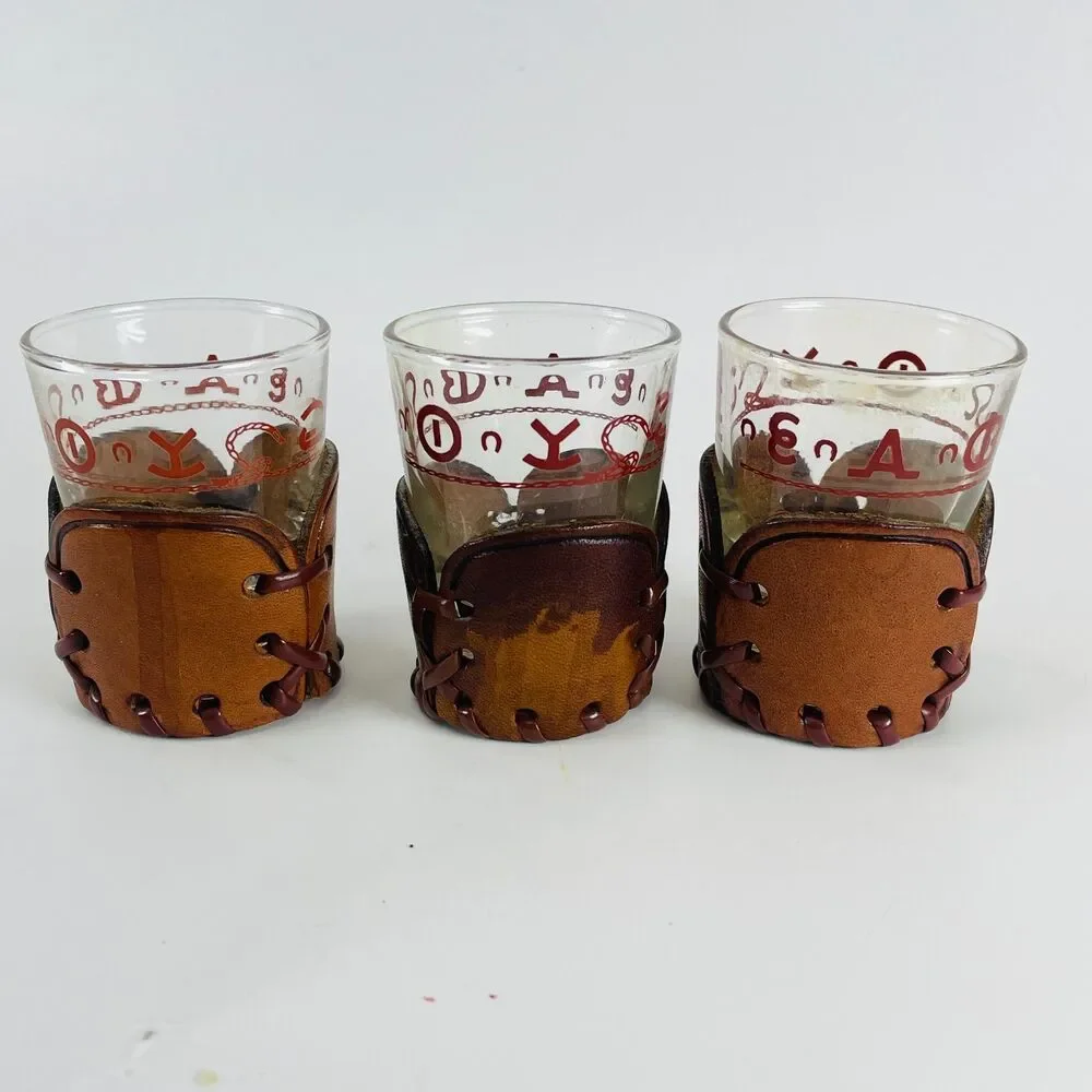3 Vintage Libbey Bamco Western Shot Glasses MCM Tooled Leather Wraps Barware